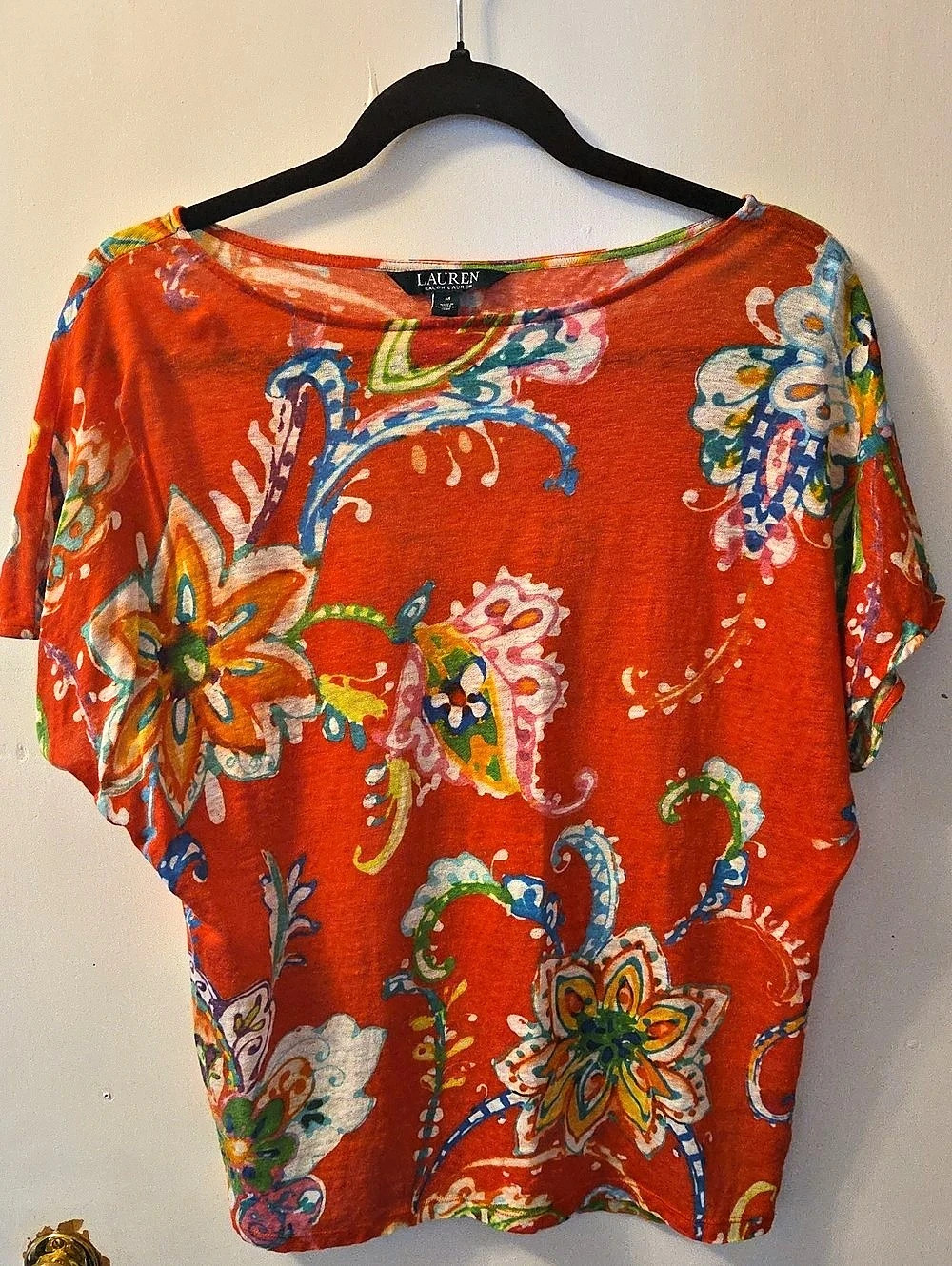 Lauren Ralph Lauren Paisley Short Sleeve Top in Red/Orange Size Medium